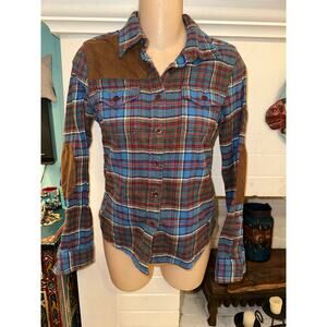 VINTAGE SUPER SOFT PLAID FLANNEL FITTED SHIRT WITH FAUX SUEDE PATCHES S